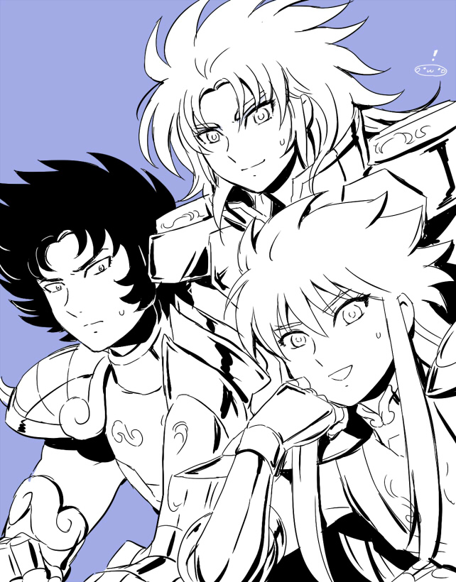 3boys aquarius_camus armor capricorn_shura fingerless_gauntlets gemini_saga highres looking_at_viewer male mizuhara_aki monochrome saint_seiya sideburns simple_background smile spiked_hair sweat