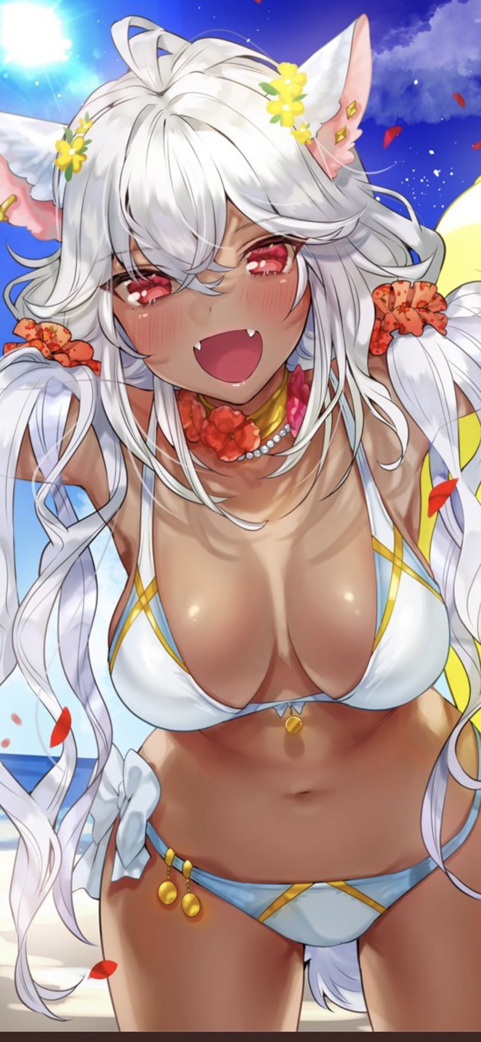 1girl animal_ears antenna_hair beach bikini blush bow breasts breasts_apart choker clouds commentary_request fangs hair_ornament hair_scrunchie highres jewelry large_breasts navel necklace ogino_atsuki original pearl_necklace petals red_eyes sand scrunchie sky solo sun swimsuit tan twintails water white_bikini white_bow white_hair