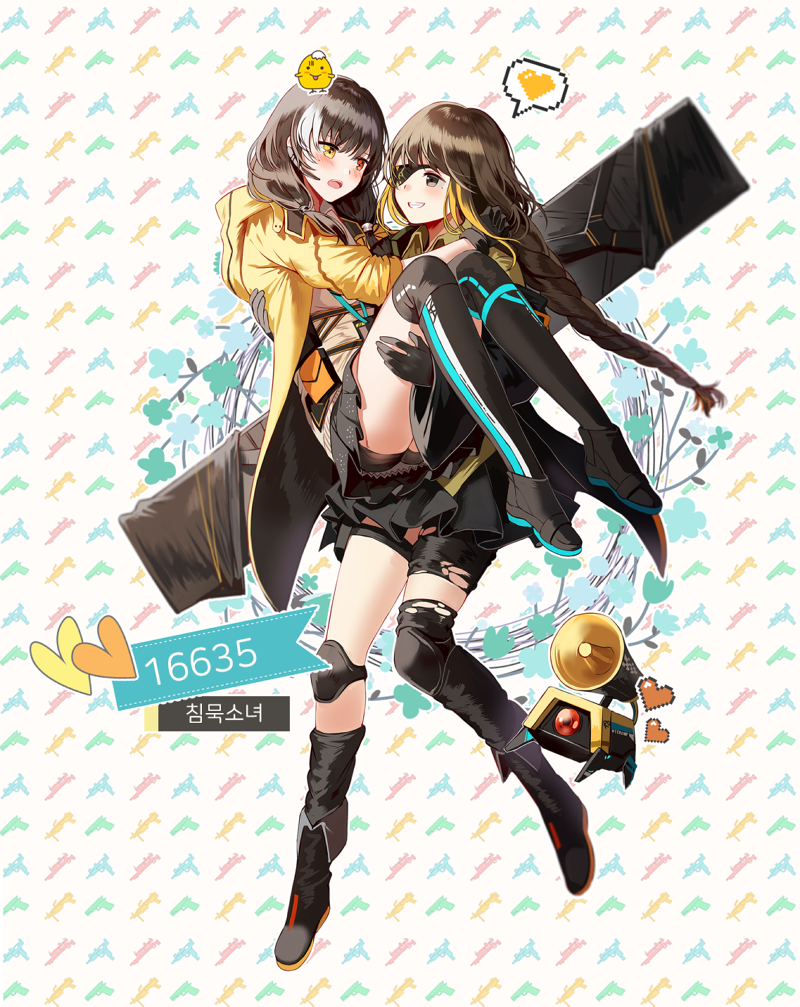 2girls black_footwear black_gloves black_hair black_legwear blush eyepatch girls_frontline gloves heterochromia knee_pads long_hair m16a1_(girls_frontline) miniskirt multiple_girls open_mouth red_eyes ro635_(girls_frontline) shorts silence_girl skirt smile thigh-highs thighs torn_clothes torn_legwear violet_eyes white_hair yellow_eyes