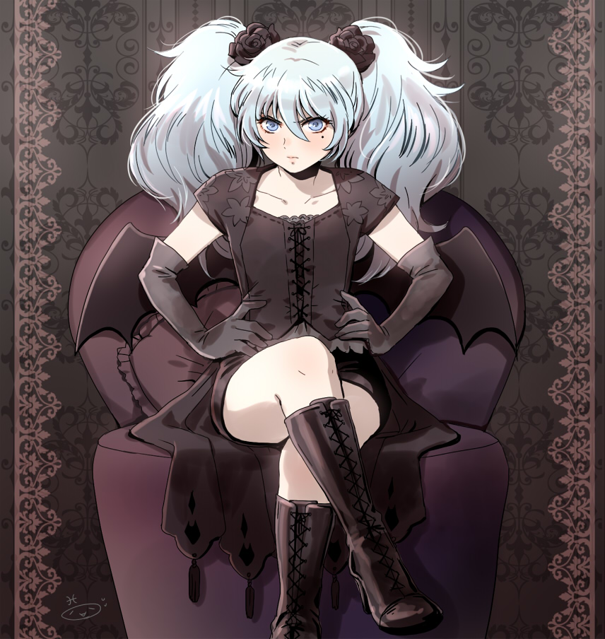 1boy androgynous blue-eyes blue_hair blush boots corset crossdressinging crossed_legs dress elbow_gloves gothic_lolita hands_on_hips highres lipstick long_boots male mizuhara_aki mole mole_under_eye pisces_aphrodite rose_hair_ornament saint_seiya serious twintails