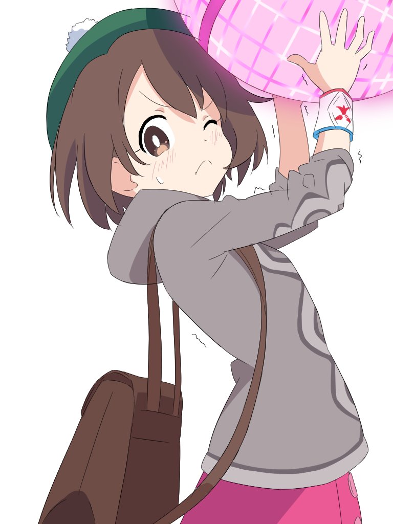1girl arms_up backpack bad_id bad_twitter_id bag ball brown_eyes brown_hair cardigan carrying closed_mouth commentary dress from_side frown green_headwear grey_cardigan holding holding_ball hood hood_down hooded_cardigan ilyfon133 long_sleeves looking_at_viewer one_eye_closed pink_dress pokemon pokemon_(game) pokemon_swsh short_hair simple_background solo standing sweatdrop tam_o'_shanter trembling white_background wristband yuuri_(pokemon)