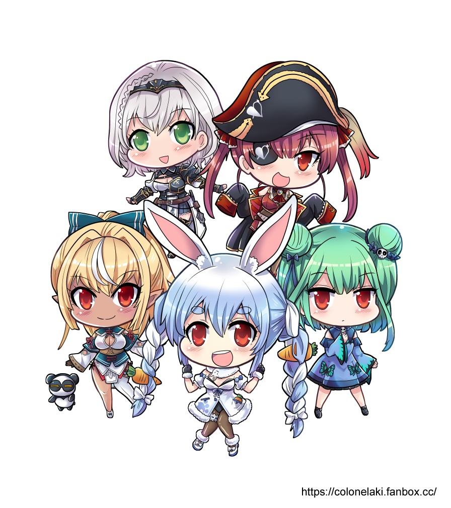 5girls animal_ears armor blonde_hair blue_hair blush blush_stickers bow braid breasts bunny_girl carrot carrot_hair_ornament chibi cleavage_cutout coat colonel_aki commentary_request dark_skin detached_sleeves double_bun elf eyepatch food_themed_hair_ornament gauntlets gloves green_eyes green_hair hair_between_eyes hair_bow hair_ornament hairband hat heart hololive hololive_fantasy houshou_marine kintsuba_(flare_channel) large_breasts long_sleeves multicolored_hair multiple_girls open_mouth panda pantyhose pirate_hat pointy_ears ponytail rabbit_ears red_eyes redhead shiranui_flare shirogane_noel shoulder_armor simple_background single_thighhigh skirt skull_hair_ornament smile stole thigh-highs twin_braids twintails two-tone_hair uruha_rushia usada_pekora virtual_youtuber white_background white_hair wide_sleeves