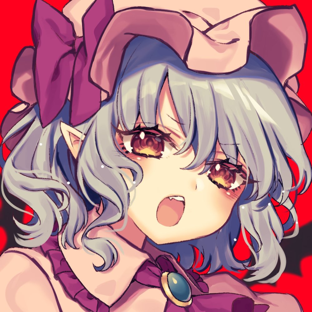 1girl bangs bat_wings blue_hair bow brooch commentary_request fang hat hat_bow jewelry kyouda_suzuka medium_hair mob_cap open_mouth pink_headwear pink_shirt pointy_ears portrait purple_bow purple_neckwear red_background red_eyes remilia_scarlet shirt solo touhou wings
