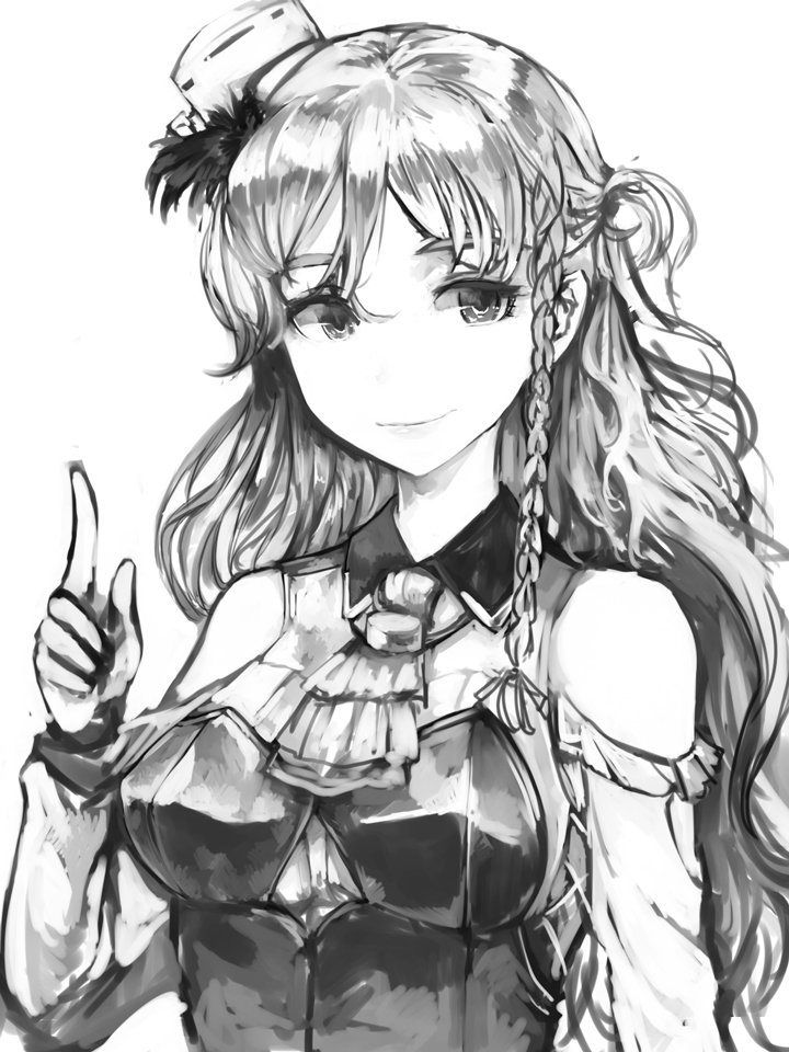 1girl bangs braid breasts corset greyscale hat index_finger_raised kantai_collection kurou_(bcrow) long_hair long_sleeves mini_hat monochrome shirt shoulder_cutout side_braid simple_background solo upper_body zara_(kantai_collection)