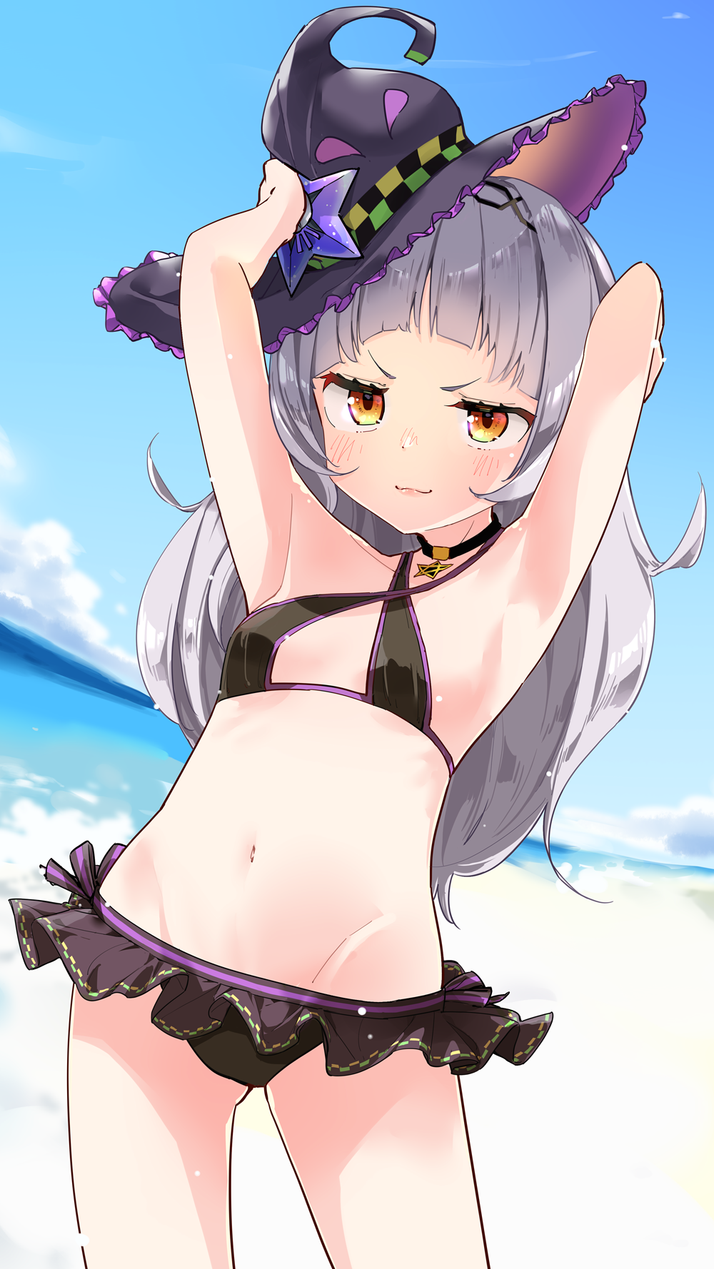 1girl armpits arms_up beach blush breasts commentary_request groin hat highres hololive lavender_hair looking_at_viewer murasaki_shion navel sand small_breasts solo swimsuit virtual_youtuber witch_hat yellow_eyes yuyaiyaui