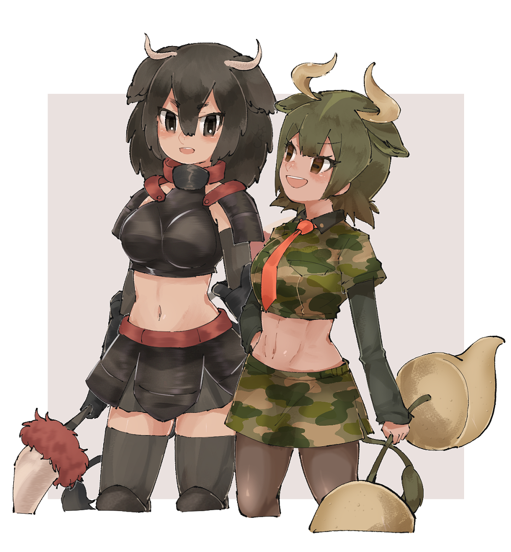2girls american_bison_(kemono_friends) animal_ears arm_at_side armor armored_skirt arms_at_sides aurochs_(kemono_friends) big_hair black_eyes black_hair black_legwear breastplate brown_eyes brown_hair brown_legwear camouflage camouflage_shirt camouflage_skirt collared_shirt cow_ears cow_girl cow_horns cow_tail cropped_shirt elbow_gloves empty_eyes extra_ears eyebrows_visible_through_hair gauntlets gloves green_hair hair_between_eyes hand_on_hip height_difference holding holding_weapon horizontal_pupils horn_lance horns kemono_friends long_sleeves looking_at_another medium_hair midriff miniskirt multicolored_hair multiple_girls navel necktie open_mouth pantyhose polearm print_shirt print_skirt red_neckwear shirt short_over_long_sleeves short_sleeves shoulder_armor side-by-side skirt smile stomach tail tan tatsuno_newo thigh-highs toned upper_teeth v-shaped_eyebrows weapon wing_collar zettai_ryouiki