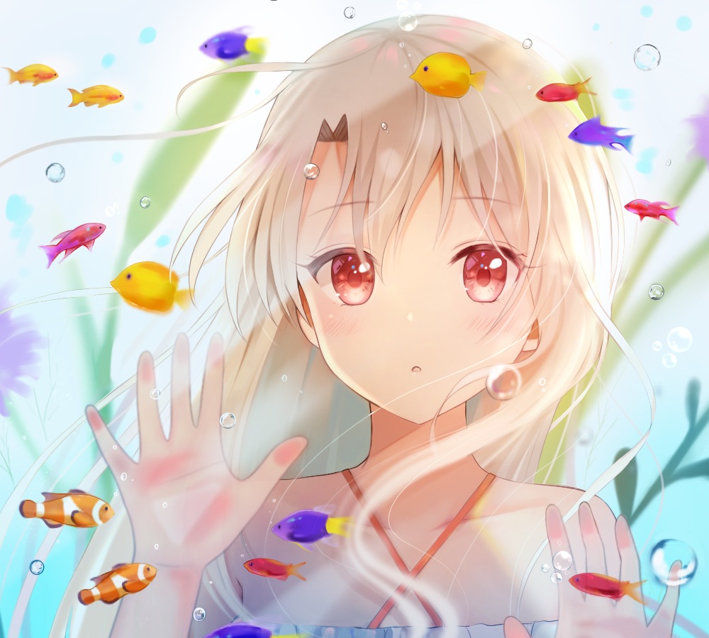 1girl :o against_glass air_bubble animal blush bubble collarbone commentary_request criss-cross_halter dress face fate/kaleid_liner_prisma_illya fate_(series) fish fish_tank halterneck hands_up illyasviel_von_einzbern long_hair looking_at_viewer nasii parted_lips plant red_eyes solo