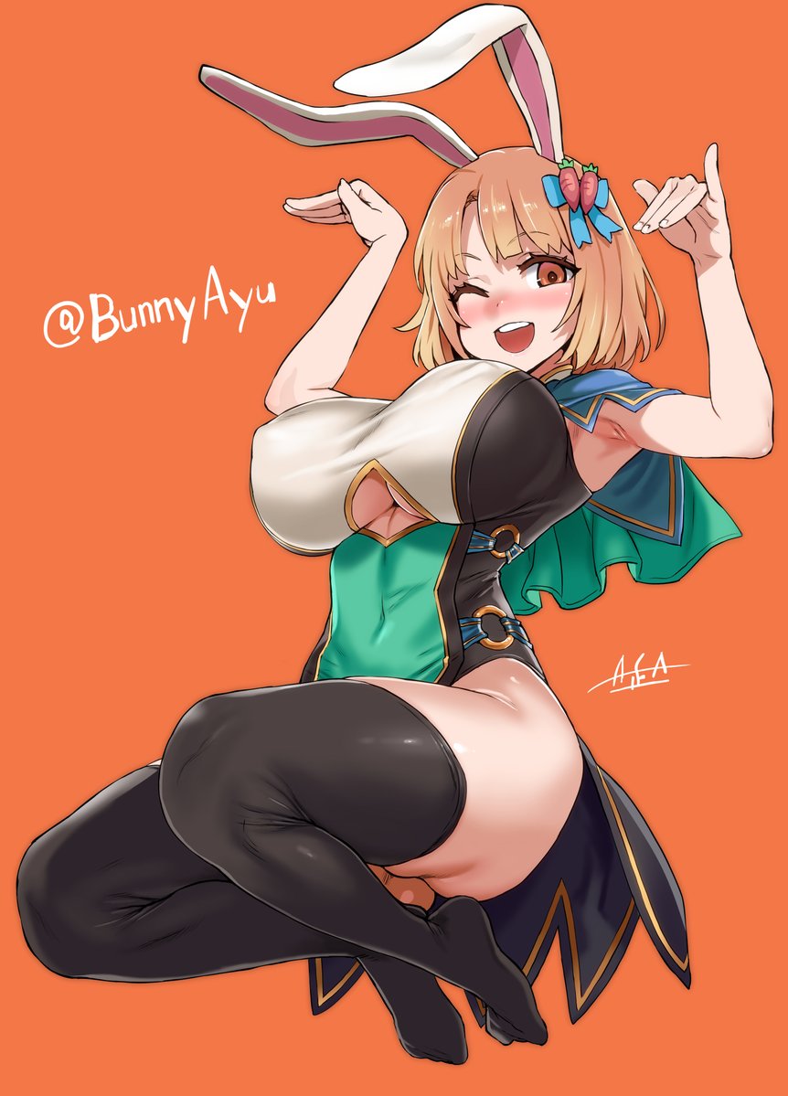 1girl animal_ears armpits asanagi bangs black_legwear blonde_hair blush breasts bunny_pose capelet english_commentary full_body hair_ornament huge_breasts indie_virtual_youtuber no_shoes nose_blush o-ring one_eye_closed open_mouth orange_background orange_eyes rabbit_ears short_hair signature simple_background sleeveless solo thigh-highs thighs twitter_username under_boob underboob_cutout upper_teeth virtual_youtuber