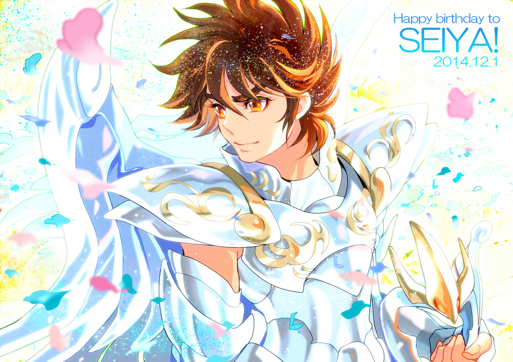 1boy 2014 armor brown_eyes brown_hair facing_to_the_side floating_hair flowing_hair happy_birthday helmet jobo_(isi88) looking_to_the_side male male_focus pegasus_seiya petals saint_seiya shoulder_armor sideburns smile solo solo_focus tiara white_armor