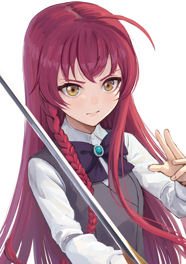 1girl ahoge atsuyah0310 bangs blush bow bowtie braid buttons closed_mouth collared_shirt commentary_request grey_vest hand_up hataraku_maou-sama! holding holding_sword holding_weapon long_hair long_sleeves purple_neckwear redhead shirt solo sword vest weapon white_shirt yellow_eyes yusa_emi