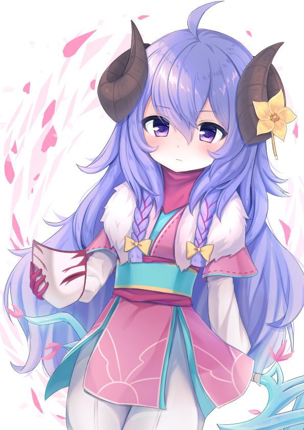 1girl ahoge alternate_costume alternate_hair_color alternate_hairstyle blush cherry_blossoms child curled_horns flower flower_(symbol) fur gloves hair_between_eyes hair_flower hair_ornament horns japanese_clothes kindred lamb_(league_of_legends) league_of_legends long_hair long_sleeves looking_at_viewer mask mask_removed nanabe petals purple_hair ribbon spirit_blossom_kindred twintails violet_eyes white_fur