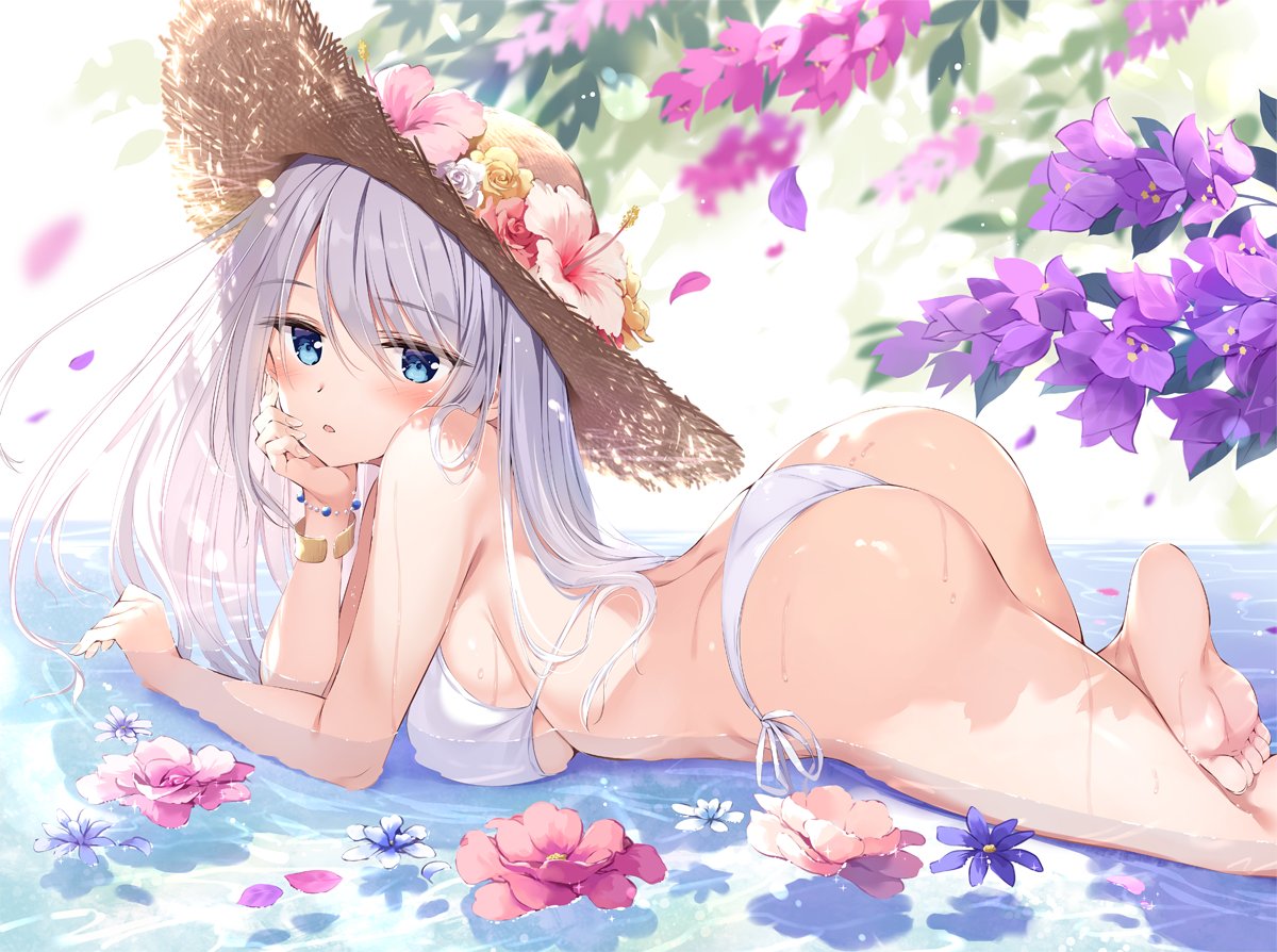 ass barefoot bikini blue_eyes bracelet breasts character_request copyright_request feet flower grey_hair hat hat_flower jewelry lying on_stomach oryou side-tie_bikini soles straw_hat swimsuit toes water