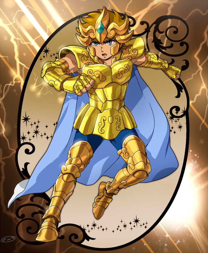 1boy armor golden_armor highres leo_aiolia male mizuhara_aki posing saint_seiya solo
