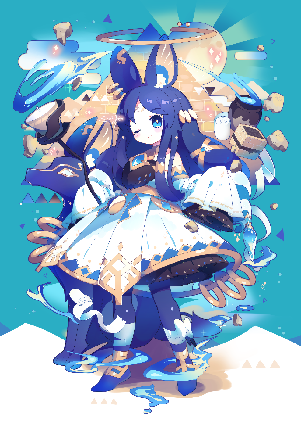1girl animal_ears anubis bandaged_leg bandages bare_shoulders blue_background blue_eyes blue_footwear blue_hair blue_legwear blue_theme bow candle closed_mouth detached_sleeves dress earrings egasumi egyptian eyebrows_visible_through_hair full_body full_moon highres jackal jackal_ears jewelry long_hair long_sleeves looking_at_viewer moon one_eye_closed original pyramid saijo1201 signature sleeves_past_fingers sleeves_past_wrists smile standing urn vial water white_bow white_dress