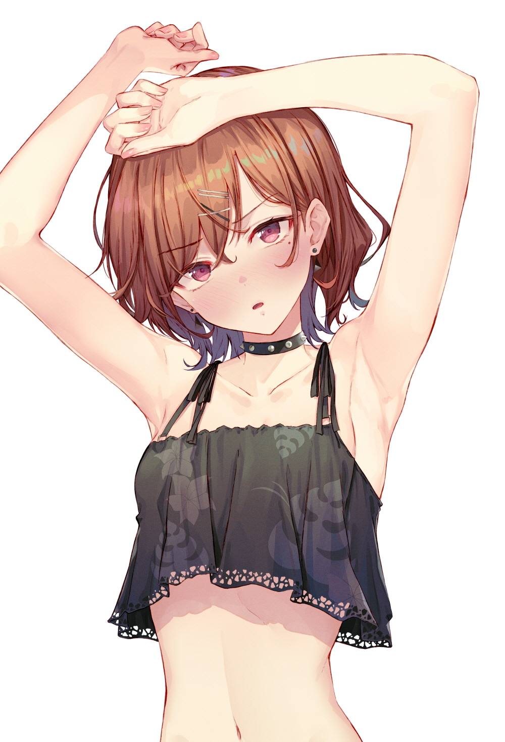 1girl armpits arms_up bare_shoulders black_choker brown_hair choker collarbone crop_top crop_top_overhang hair_ornament hairclip highres higuchi_madoka idolmaster idolmaster_shiny_colors looking_at_viewer midriff mole mole_under_eye navel parted_lips short_hair simple_background sleeveless solo soya_(torga) stomach upper_body violet_eyes white_background x_hair_ornament