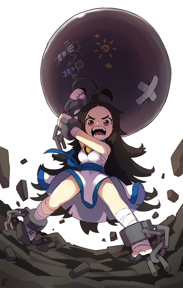 1girl ball_and_chain bandaged_arm bandaged_leg bandages barefoot black_hair broken broken_chain brown_eyes chain child_drawing commentary_request cuffs doodle highres iron_ball korean_commentary lady_chang long_hair looking_at_viewer open_mouth rtari rubble shackles simple_background solo standing teeth the_king_of_fighters white_background