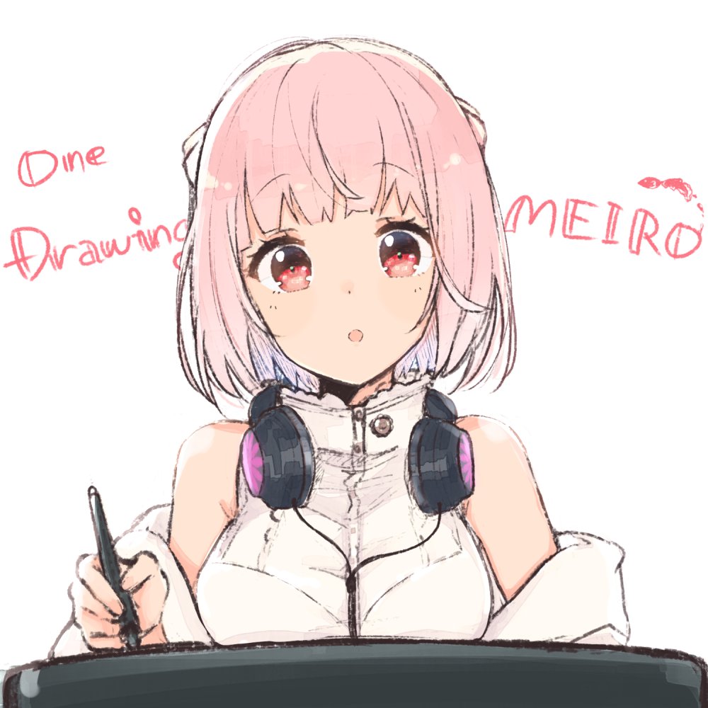 1girl bangs bare_shoulders braid breast_rest breasts character_name drawing drawing_tablet facing_viewer headphones headphones_around_neck holding holding_pen kingyozaka_meiro large_breasts nijisanji off_shoulder open_mouth pen pink_hair shimaji_noma shirt short_hair simple_background solo upper_body virtual_youtuber white_background white_shirt
