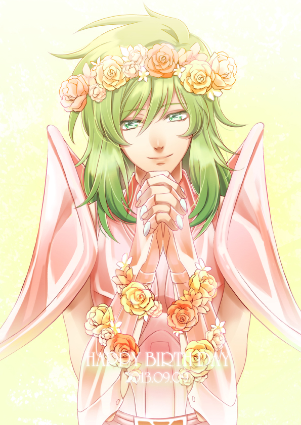 androgynous andromeda_shun armor artist_request flower_crown flower_on_head green_hair saint_seiya