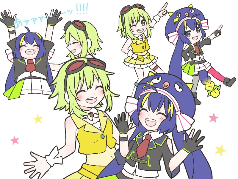 2girls arm_up black_gloves black_jacket black_legwear blue_hair boots closed_eyes commentary crop_top dancing eel_hat gloves green_eyes green_hair gumi index_finger_raised jacket knee_boots large_hat long_hair miniskirt mismatched_legwear multiple_girls multiple_views orange_shirt otomachi_una partly_fingerless_gloves pink_legwear pleated_skirt red_goggles shirt short_hair skc skirt thigh-highs thigh_strap translated twintails very_long_hair vocaloid white_background yellow_skirt