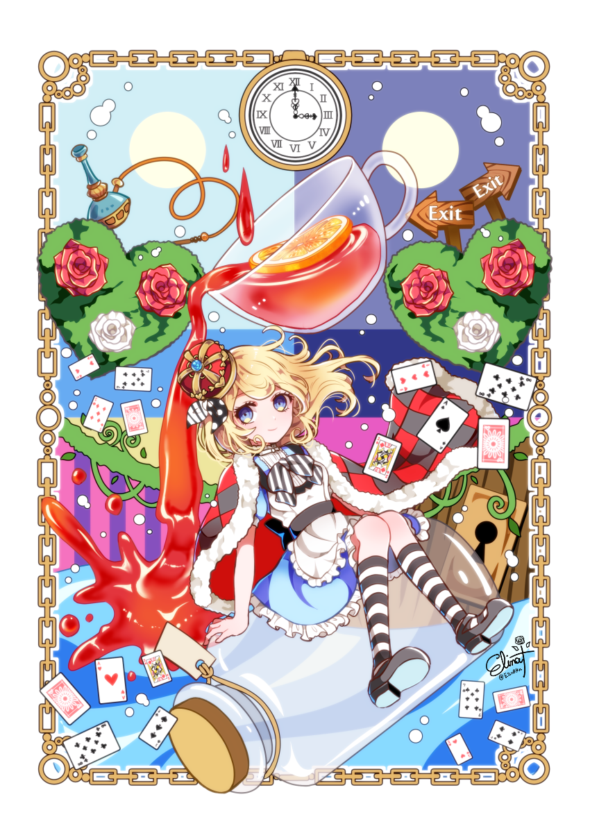 1girl alice_(wonderland) alice_in_wonderland analog_clock apron artist_name black_footwear blonde_hair blue_dress blue_eyes bottle bow bowtie cape card checkered_cape clock commentary_request cork crown cup dress flower food fruit fur-trimmed_cape fur_trim highres hookah lemon lemon_slice long_hair murasaki_daidai_etsuo original playing_card red_flower red_rose rose rose_bush shoes short_sleeves sign sitting socks solo spill striped striped_legwear striped_neckwear tea teacup twitter_username waist_apron white_apron white_flower white_rose