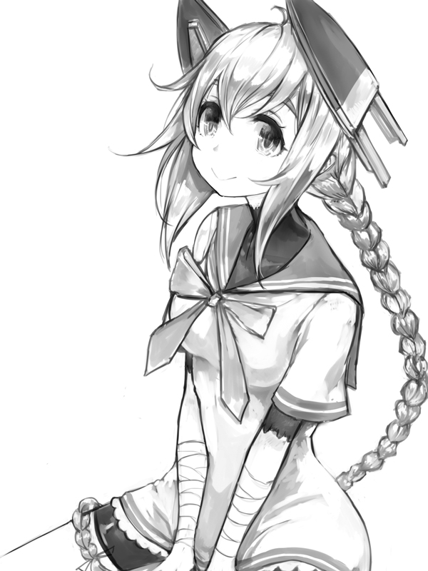 1girl bandaged_arm bandages bangs bike_shorts braid breasts dress greyscale headgear kantai_collection kurou_(bcrow) long_hair medium_breasts monochrome nenohi_(kantai_collection) sailor_collar sailor_dress shorts_under_dress sidelocks simple_background single_braid sitting smile solo very_long_hair