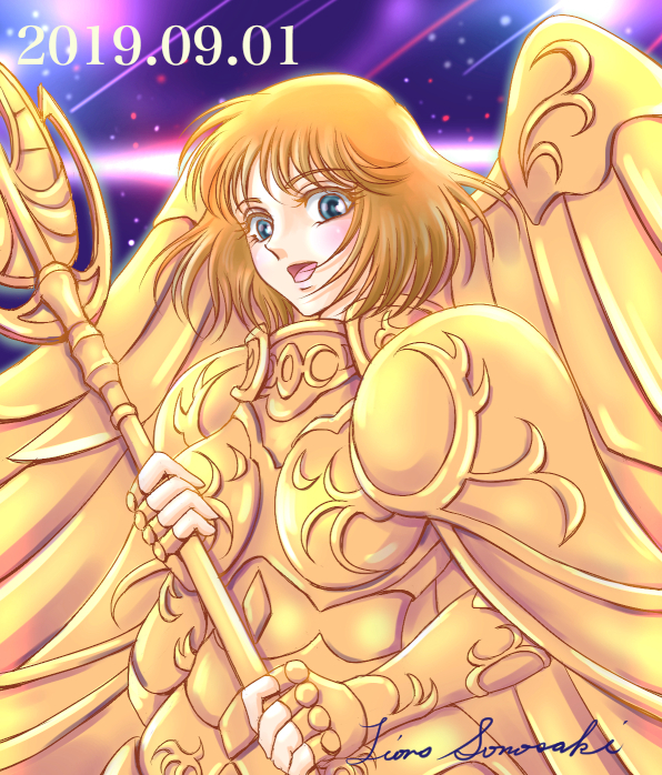 1girl 2019 armor athena_(saint_seiya) blue_eyes brown_hair female fingerless_gauntlets golden_armor happy kido_saori light_skinned_female looking_at_viewer open_mouth saint_seiya saint_seiya:_next_dimension sakiri smile solo wings