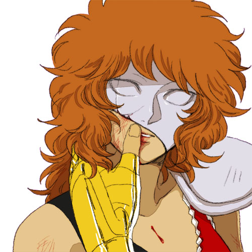 1boy 1girl aquila_marin broken_mask brown_hair fingerless_gloves leo_aiolia male_hand mask out_of_frame saint_seiya sanna shoulder_pads simple_background touching white_background wounded