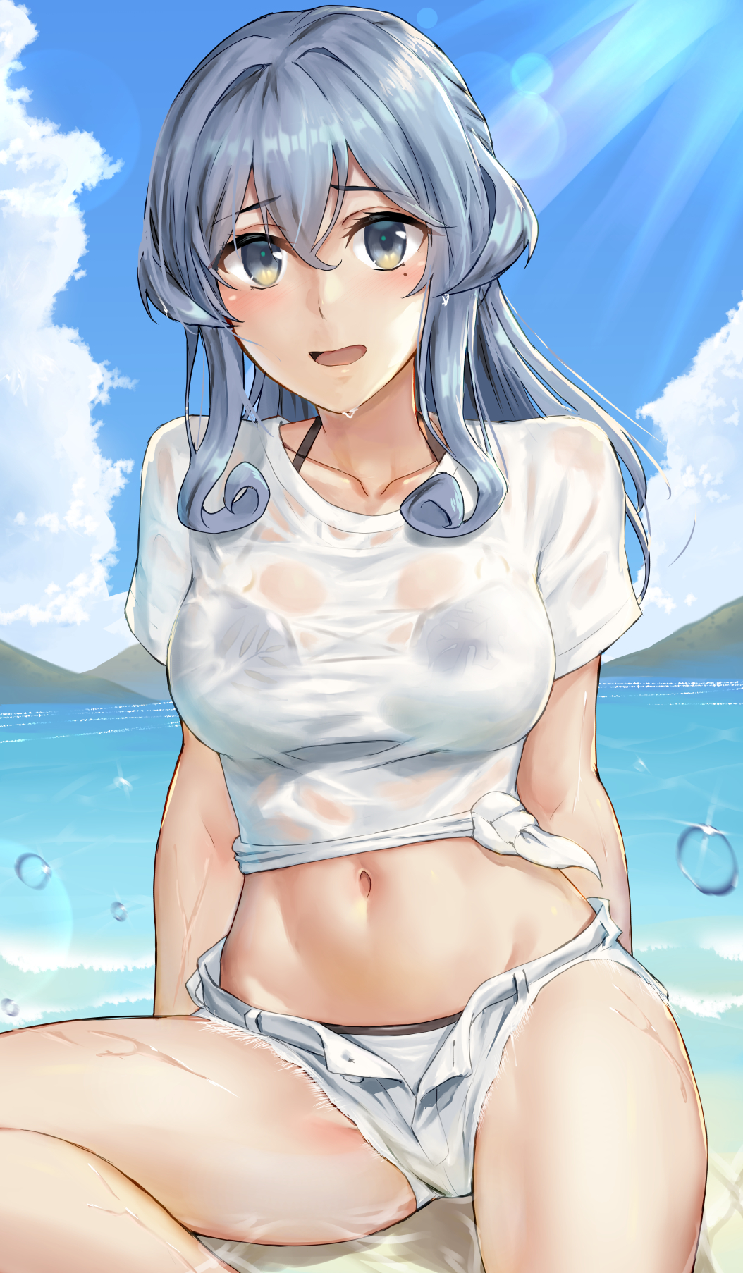 1girl blue_eyes blue_hair breasts clouds collarbone day eyebrows_visible_through_hair gotland_(kantai_collection) groin hair_between_eyes highres kantai_collection kokuzou large_breasts light_rays long_hair looking_at_viewer mole mole_under_eye navel open_mouth shirt short_sleeves shorts sky solo sunbeam sunlight water water_drop wet wet_clothes wet_shirt white_shirt white_shorts