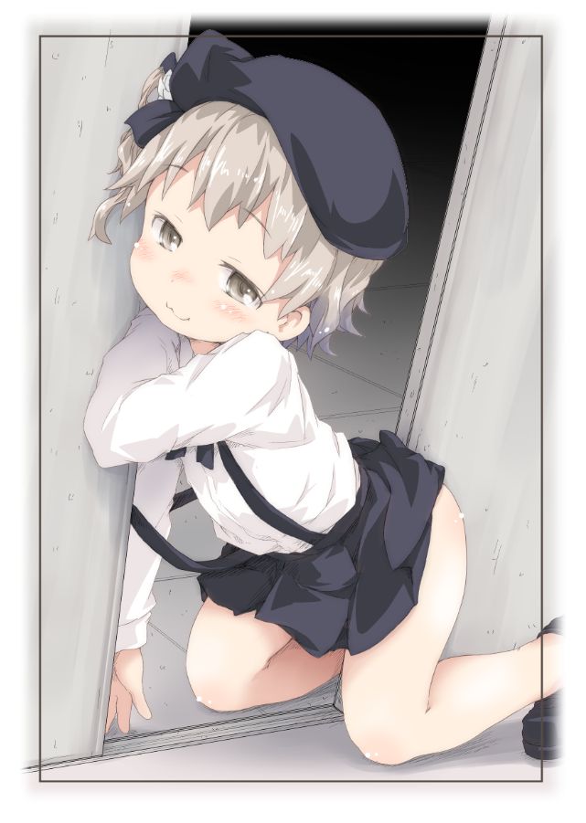 1girl :3 bangs black_footwear black_headwear black_neckwear black_skirt blush child door doorway grey_eyes ham_(points) hat hatoba_tsugu long_sleeves shirt silver_hair skirt solo suspender_skirt suspenders tsugu_(vtuber) virtual_youtuber white_shirt