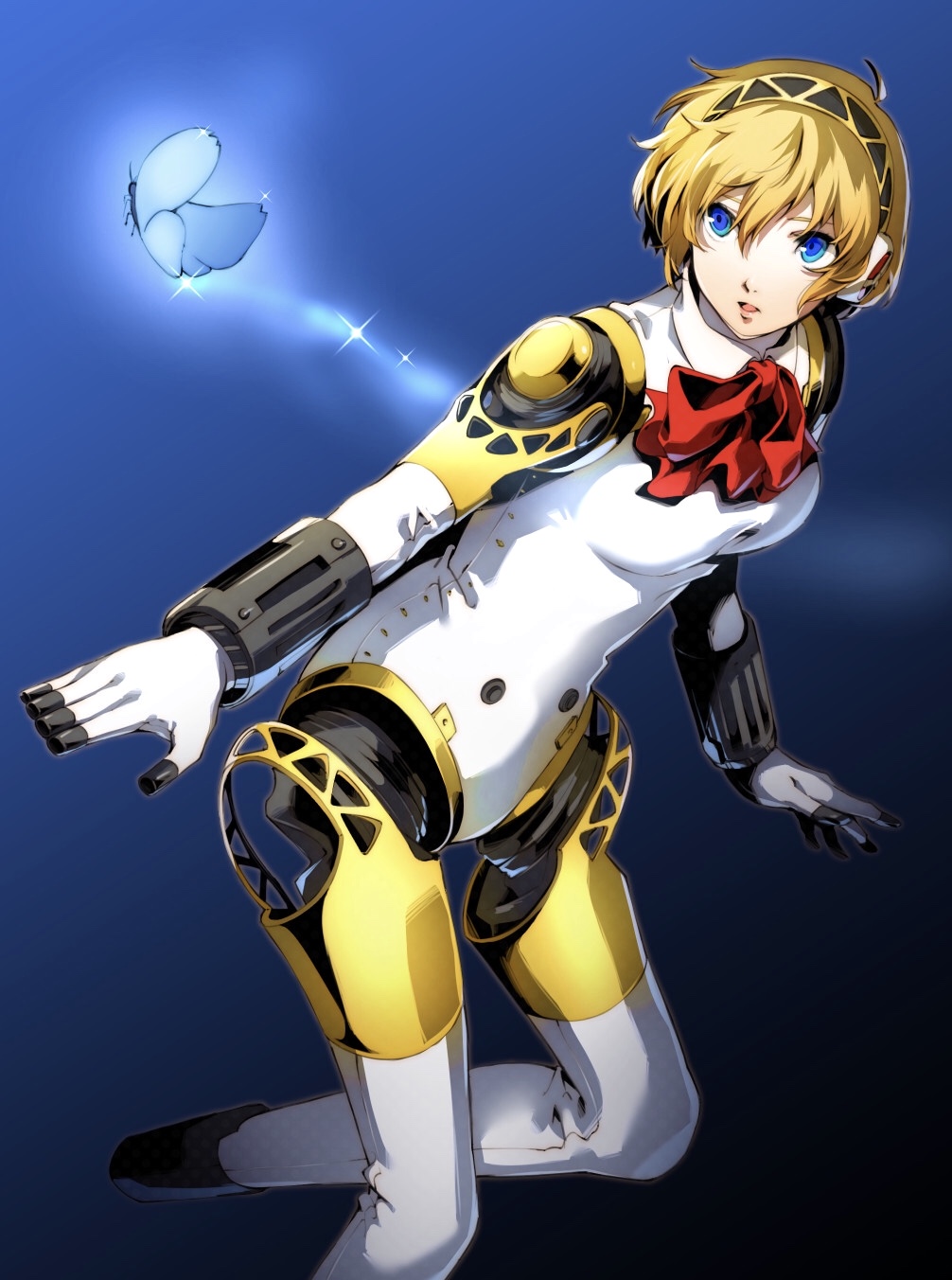 1girl aegis_(persona) android blonde_hair blue_eyes bow bug butterfly headphones highres insect joints nakano_maru persona persona_3 ribbon robot_joints short_hair solo