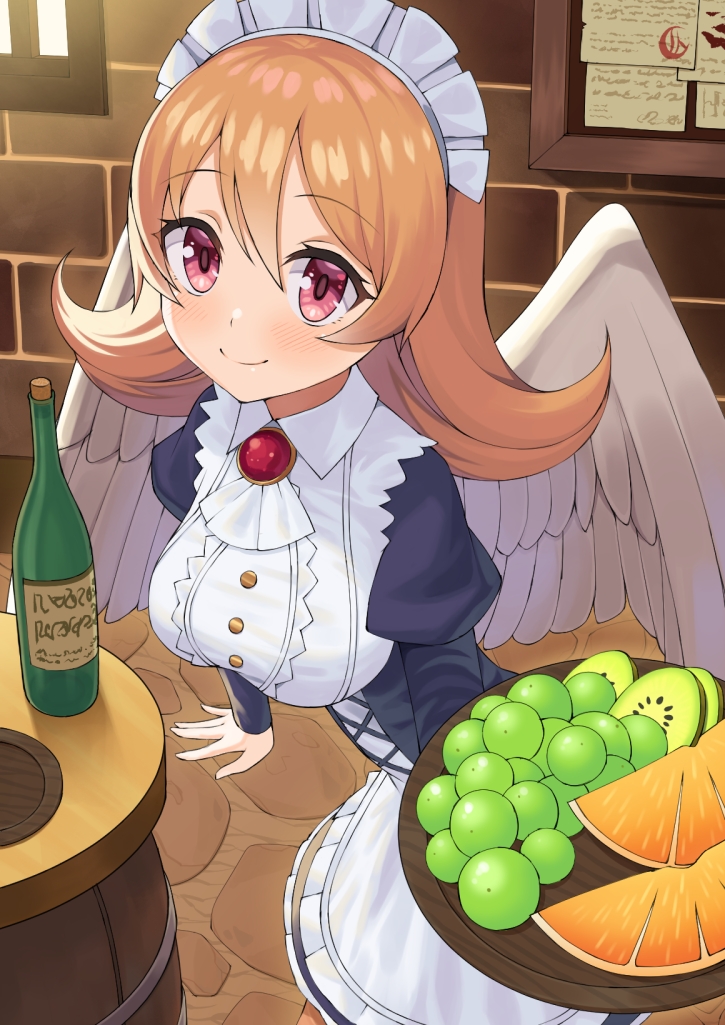 1girl atsuyah0310 bangs barrel billboard blush bottle brick_wall closed_mouth commentary_request dress eyebrows_visible_through_hair eyelashes feathered_wings food fruit holding holding_tray indoors ishuzoku_reviewers leaning_forward long_sleeves looking_at_viewer maid_headdress meidri orange_hair pink_eyes puffy_sleeves smile solo tray window wings wooden_tray