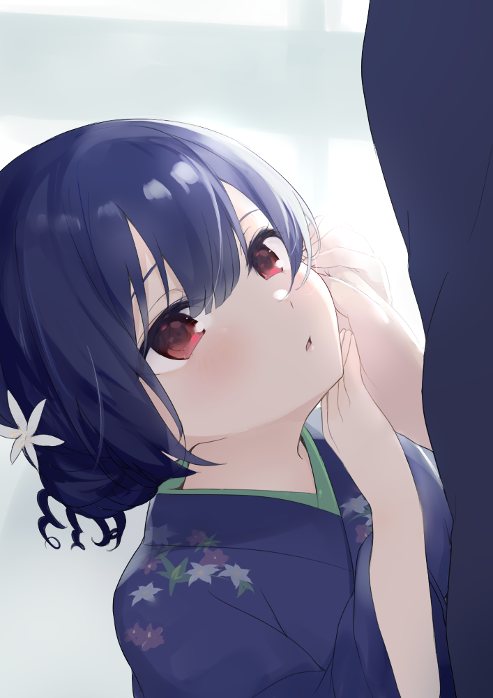1boy 1girl bangs blue_hair blue_kimono blush commentary_request eyebrows_behind_hair floral_print flower hair_between_eyes hair_bun hair_flower hair_ornament holding_hand ichijou_(kr_neru0) idolmaster idolmaster_shiny_colors japanese_clothes kimono looking_up morino_rinze out_of_frame parted_lips print_kimono producer_(idolmaster) red_eyes solo_focus white_flower