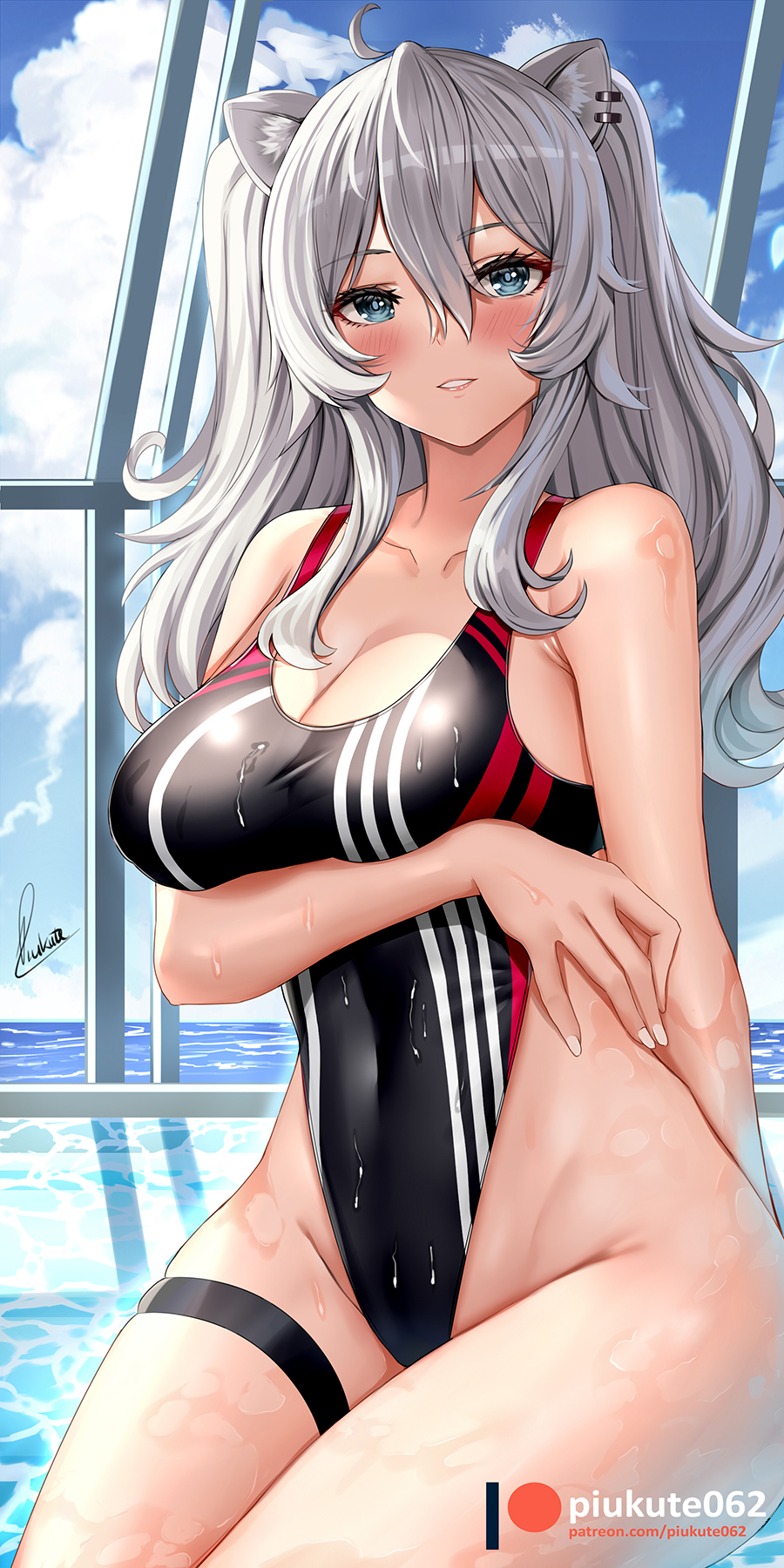 1girl ahoge animal_ears arm_under_breasts bare_shoulders black_swimsuit blush breasts competition_swimsuit day earrings eyebrows_visible_through_hair grey_eyes grey_hair groin hair_between_eyes highleg highleg_swimsuit highres hololive indoors jewelry large_breasts lion_ears lion_girl long_hair looking_at_viewer navel one-piece_swimsuit parted_lips piukute062 pool shishiro_botan sitting solo stomach swimsuit thigh_strap thighs virtual_youtuber wet