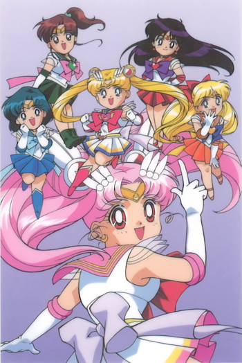 1990s_(style) 6+girls aino_minako back_bow bishoujo_senshi_sailor_moon black_hair blonde_hair blue_hair blue_sailor_collar boots bow brown_hair chibi chibi_usa elbow_gloves floating_hair gloves high_ponytail hino_rei index_finger_raised inner_senshi kino_makoto knee_boots long_hair mizuno_ami multiple_girls official_art open_mouth pink_hair pleated_skirt sailor_chibi_moon sailor_collar sailor_jupiter sailor_mars sailor_mercury sailor_moon sailor_senshi sailor_senshi_uniform sailor_venus short_hair simple_background skirt solo_focus tiara tsukino_usagi twintails