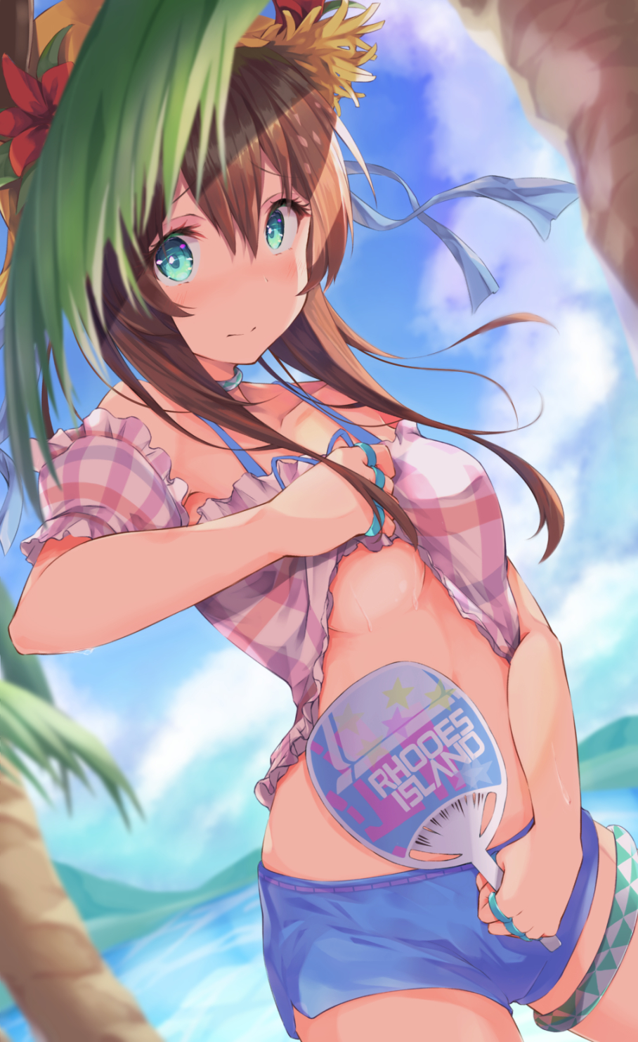 1girl amiya_(arknights) aqua_eyes arknights bare_shoulders blue_shorts blurry blurry_background breasts brown_hair choker closed_mouth cowboy_shot day depth_of_field fan flower hat hat_flower highres holding kurai_masaru long_hair looking_at_viewer medium_breasts midriff off_shoulder outdoors palm_leaf pink_shirt plaid plaid_shirt shirt shirt_lift short_shorts shorts solo straw_hat thigh_strap
