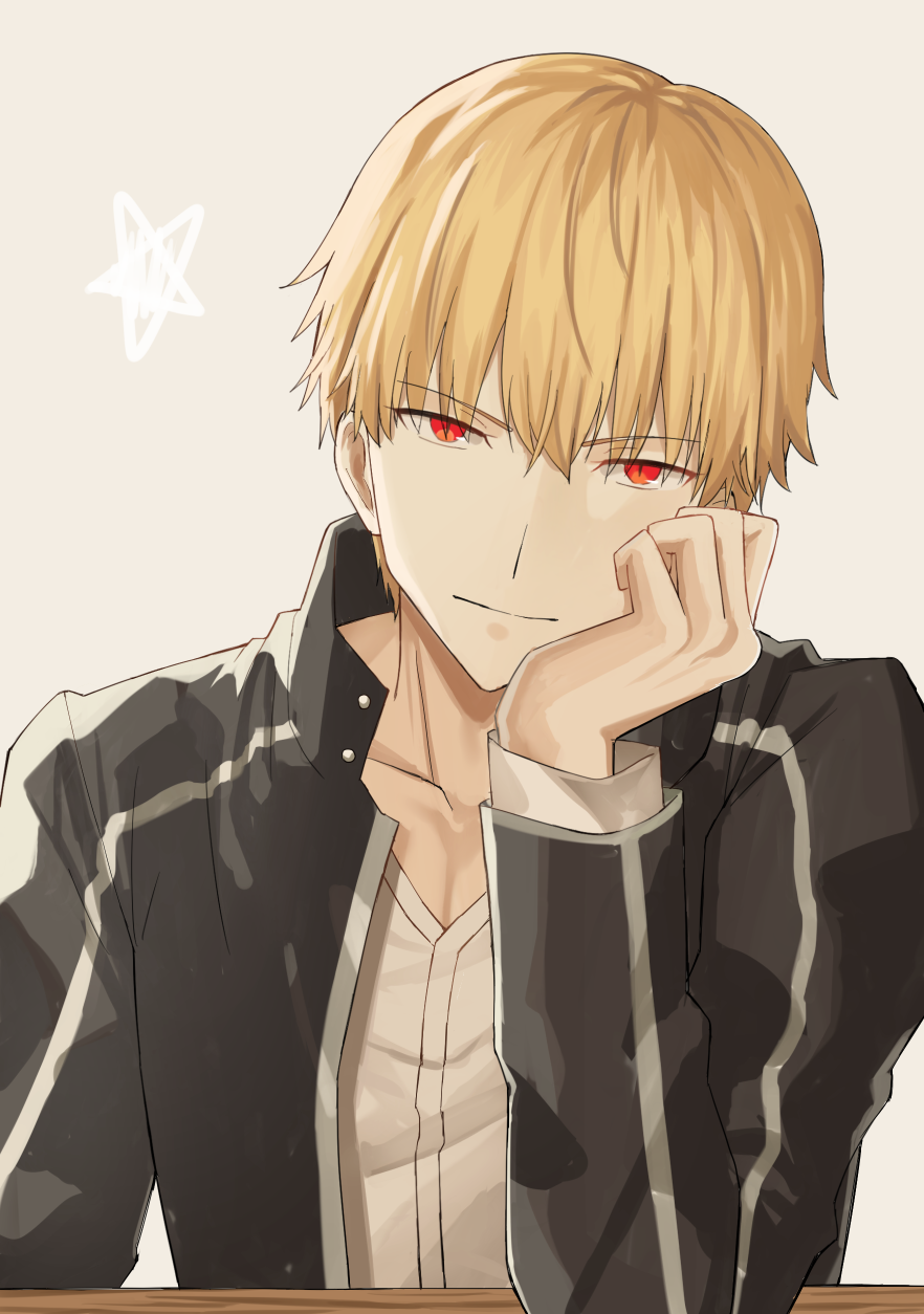 1boy bangs black_jacket blonde_hair closed_mouth collarbone dress_shirt eyebrows_visible_through_hair fate/stay_night fate_(series) gilgamesh grey_background hair_between_eyes head_rest highres jacket long_sleeves looking_at_viewer male_focus open_clothes open_jacket red_eyes shirt slit_pupils smile solo upper_body white_shirt x_key_s