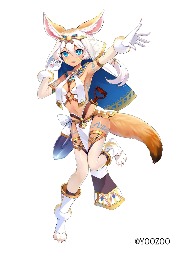 1girl animal_ears arm_up armpits blue_eyes choker collar emerane fina_(pride_of_eden) fox_ears fox_girl fox_tail full_body gloves gold_trim hand_up leg_up looking_at_viewer midriff navel official_art open_mouth outstretched_arm paw_shoes pelvic_curtain pride_of_eden revealing_clothes shoes short_hair simple_background smile solo stomach tail tattoo thigh-highs thighs veil white_background white_gloves white_hair white_legwear