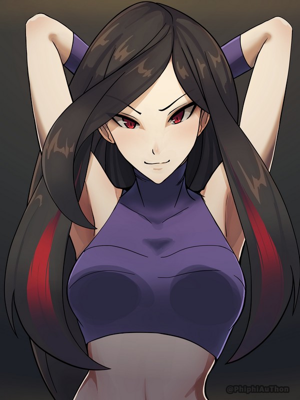 1girl armpits arms_behind_head arms_up artist_name azami_(pokemon) bare_shoulders breasts brown_hair closed_mouth commentary english_commentary eyebrows_visible_through_hair frontier_brain gloves long_hair looking_at_viewer midriff multicolored_hair phiphi-au-thon pokemon pokemon_(game) pokemon_emerald pokemon_rse purple_gloves red_eyes redhead shiny shiny_hair smile solo streaked_hair upper_body