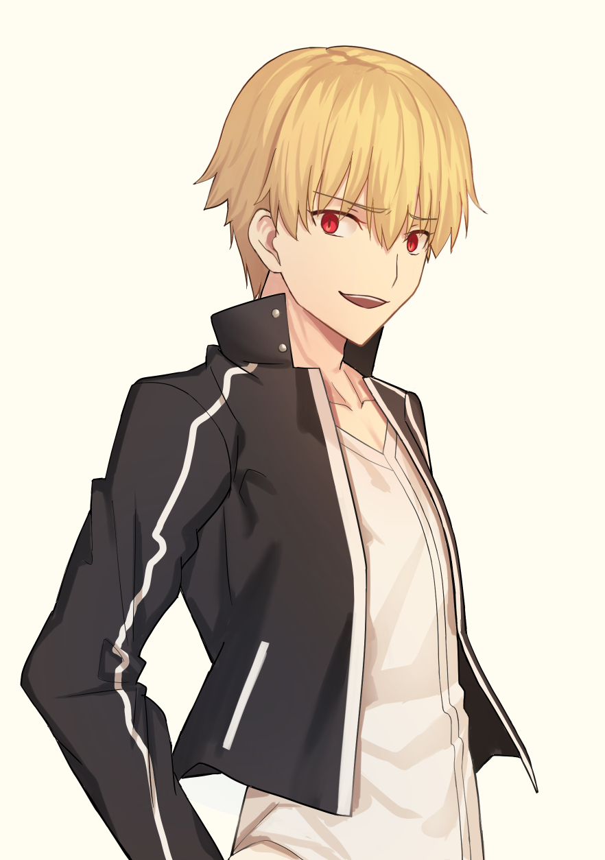 1boy :d bangs black_jacket blonde_hair dress_shirt eyebrows_visible_through_hair fate/stay_night fate_(series) gilgamesh hair_between_eyes highres jacket long_sleeves looking_at_viewer male_focus open_clothes open_jacket open_mouth red_eyes shirt simple_background smile solo upper_body white_background white_shirt x_key_s