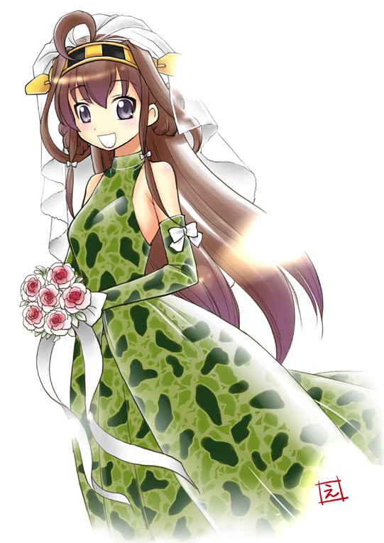 1girl :d ahoge bouquet bride brown_hair camouflage camouflage_dress dress ebifly elbow_gloves eyebrows_visible_through_hair flower gloves green_dress green_gloves hairband headgear holding holding_bouquet kantai_collection kongou_(kantai_collection) long_hair looking_at_viewer open_mouth pink_flower pink_rose rose signature simple_background smile solo standing very_long_hair violet_eyes wedding_dress white_background