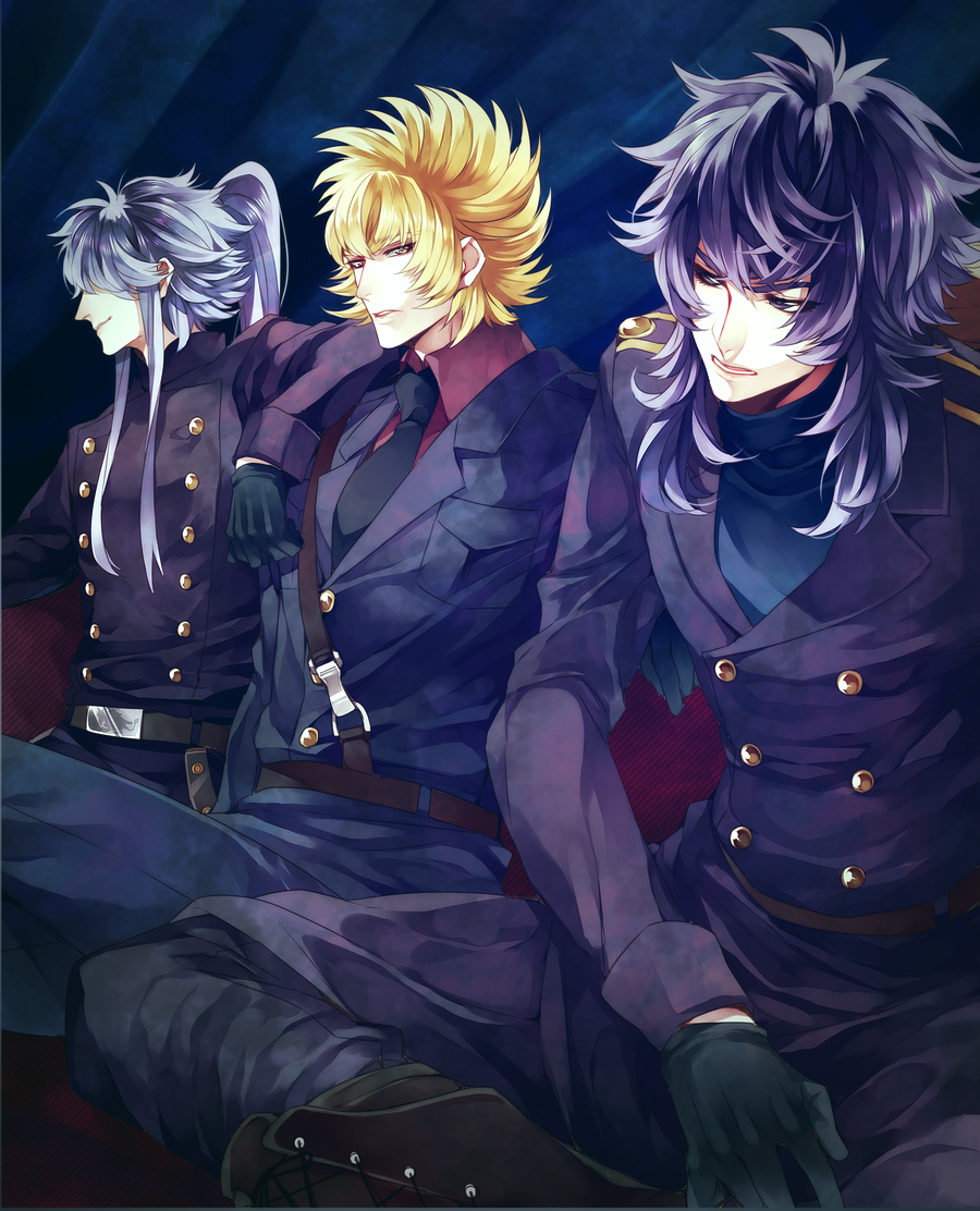 3boys artist_request black_hair blonde_hair garuda_aiacos gloves grey_hair griffon_minos long_hair male military military_uniform ponytail saint-seiya sideburns sitting tie turtleneck wyvern_radamanthys