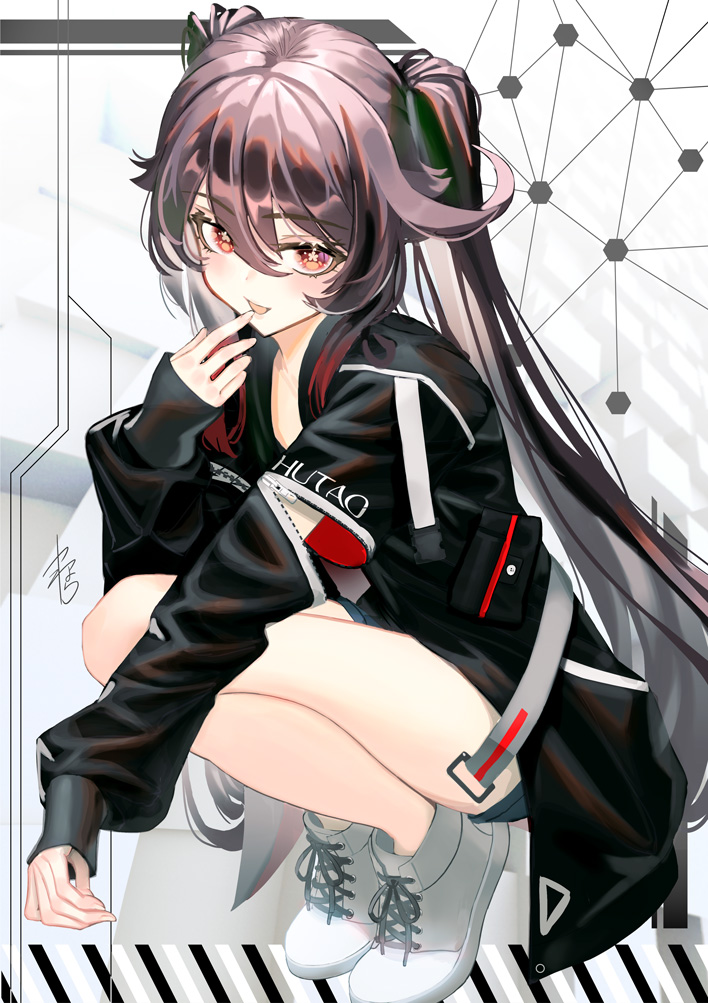 1girl alternate_costume bare_legs black_jacket blush brown_hair character_name fashion finger_to_mouth flower-shaped_pupils full_body genshin_impact half-closed_eyes hu_tao_(genshin_impact) jacket legs looking_at_viewer red_eyes shoelaces shorts smile solo squatting symbol-shaped_pupils thighs twintails white_footwear yamahara zipper_pull_tab