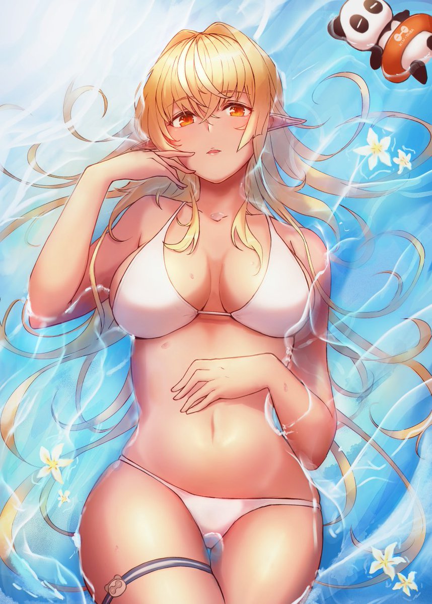 1girl bikini blonde_hair breasts dark_skin elf flower hair_between_eyes hand_on_own_stomach hand_to_own_mouth hololive in_water innertube kintsuba_(flare_channel) large_breasts long_hair looking_at_viewer navel open_mouth pointy_ears red_eyes sasaki_(glass1138) shiranui_flare skindentation smile swimsuit thigh_strap thighs virtual_youtuber white_bikini