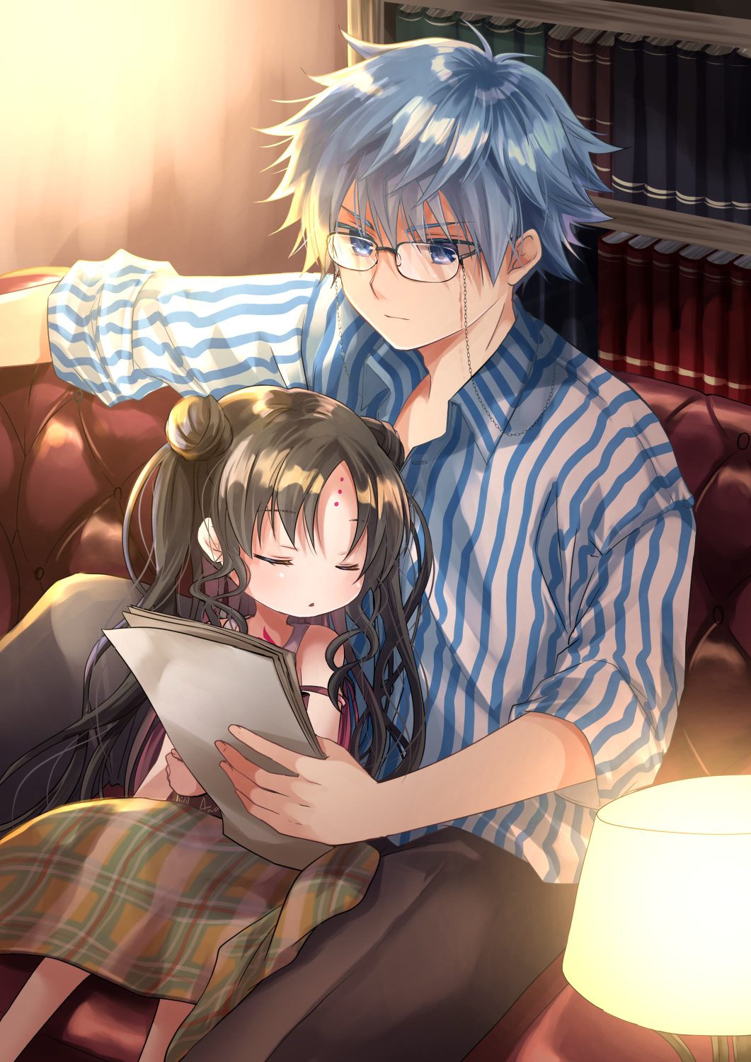 1boy 1girl :o age_switch bangs bare_shoulders black_hair black_pants blue_eyes blue_hair book bookshelf closed_eyes collared_shirt commentary_request couch double_bun eyebrows_visible_through_hair facial_mark fate/extra fate/extra_ccc fate/grand_order fate_(series) forehead_mark glasses hair_between_eyes hans_christian_andersen_(fate) highres holding indoors iroha_(shiki) lamp long_hair older on_couch pants parted_bangs parted_lips plaid sesshouin_kiara sesshouin_kiara_(swimsuit_mooncancer)_(fate) shirt short_sleeves sitting sleeping striped striped_shirt v-shaped_eyebrows vertical-striped_shirt vertical_stripes very_long_hair younger