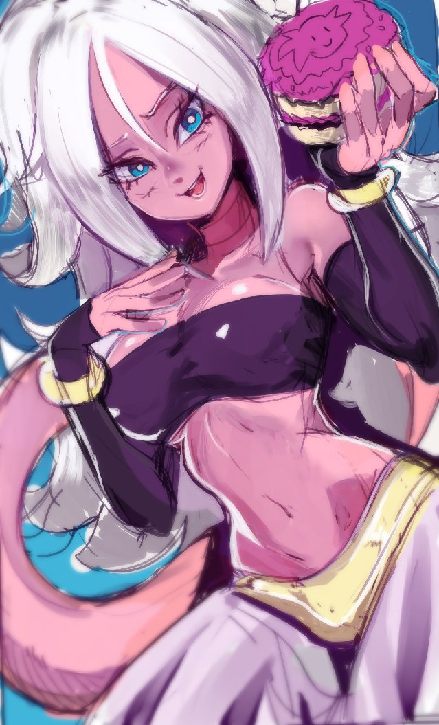 1girl android_21 bare_shoulders blue_eyes bracelet breasts choker commentary cupcake detached_sleeves dragon_ball dragon_ball_fighterz flipped_hair food harem_pants jewelry light_persona long_hair majin_android_21 medium_breasts navel pants pastry pink_skin sho-n-d silver_hair sleeves_past_wrists slender_waist solo strapless tail tubetop