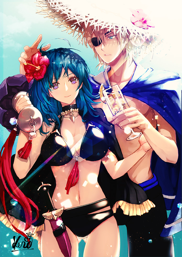 1boy 1girl bikini byleth_(fire_emblem) byleth_eisner_(female) byleth_eisner_(female) cape cute dimitri_alexandre_blaiddyd drink drinking_glass eyepatch female_swimwear fire_emblem fire_emblem:_three_houses fire_emblem:_three_houses fire_emblem_16 fire_emblem_heroes flower hibiscus intelligent_systems kero_sweet lemon male_swimwear nintendo straw_hat summer super_smash_bros. swim_trunks sword tagme weapon