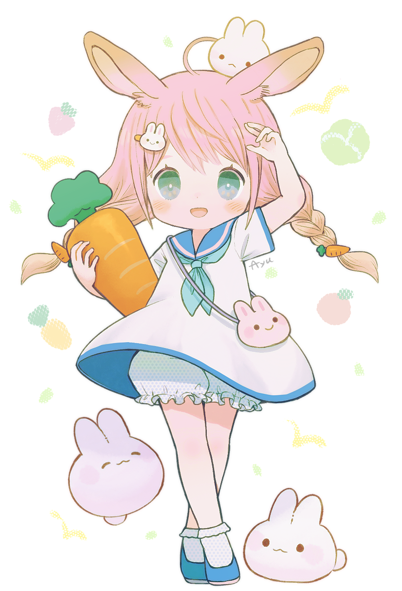 1girl :d animal_on_head ayu_(mog) blonde_hair blue_eyes blue_sailor_collar blush braid bunny_on_head carrot crossed_legs dress food_background full_body gradient_hair hair_ornament hairclip hand_up highres holding looking_at_viewer multicolored_hair on_head open_mouth original pink_hair polka_dot rabbit sailor_collar sailor_dress short_dress short_sleeves signature smile solo standing twin_braids unmoving_pattern watson_cross white_dress