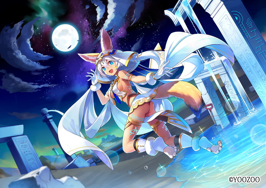 1girl :d animal_ears anklet ass bare_shoulders blue_eyes breasts choker clouds dutch_angle emerane fina_(pride_of_eden) fox_ears fox_girl fox_tail full_moon gloves hair_between_eyes jewelry looking_at_viewer looking_back medium_breasts microskirt moon night night_sky official_art open_mouth outdoors paw_shoes pelvic_curtain pride_of_eden revealing_clothes ruins shawl shoes short_hair shovel skirt sky smile solo star_(sky) tail tattoo thighs veil water white_gloves white_hair white_skirt