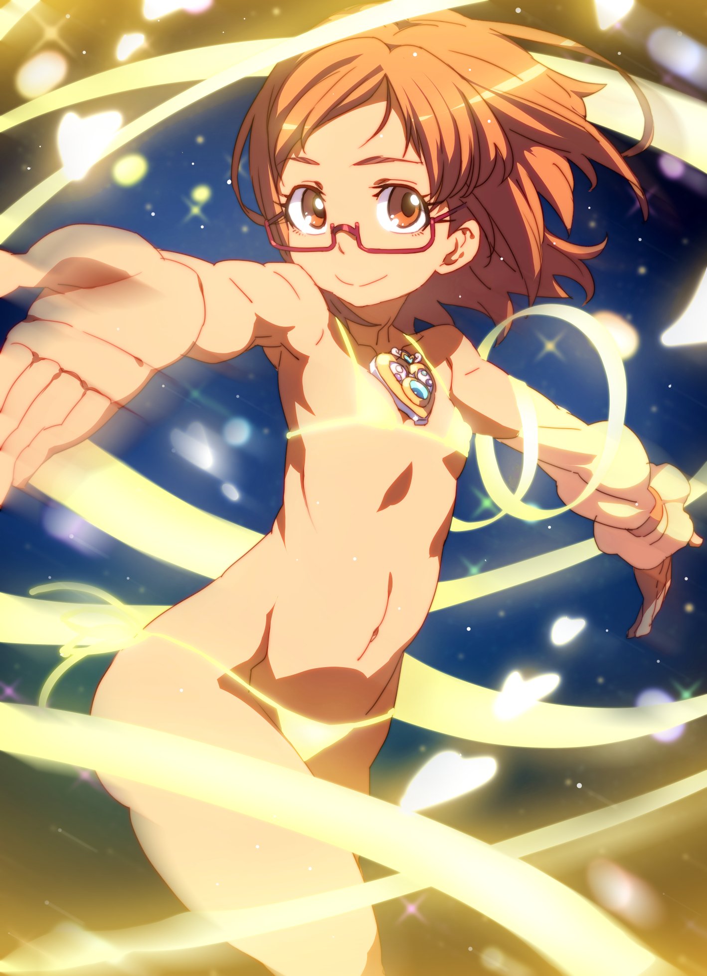 1girl bikini brown_eyes brown_hair closed_mouth copyright_request detached_sleeves flat_chest floating_hair glasses henshin highres looking_at_viewer navel outstretched_arms petite red-framed_eyewear semi-rimless_eyewear short_hair side-tie_bikini smile solo sparkle spread_arms standing swimsuit tasaka_shinnosuke under-rim_eyewear yellow_bikini