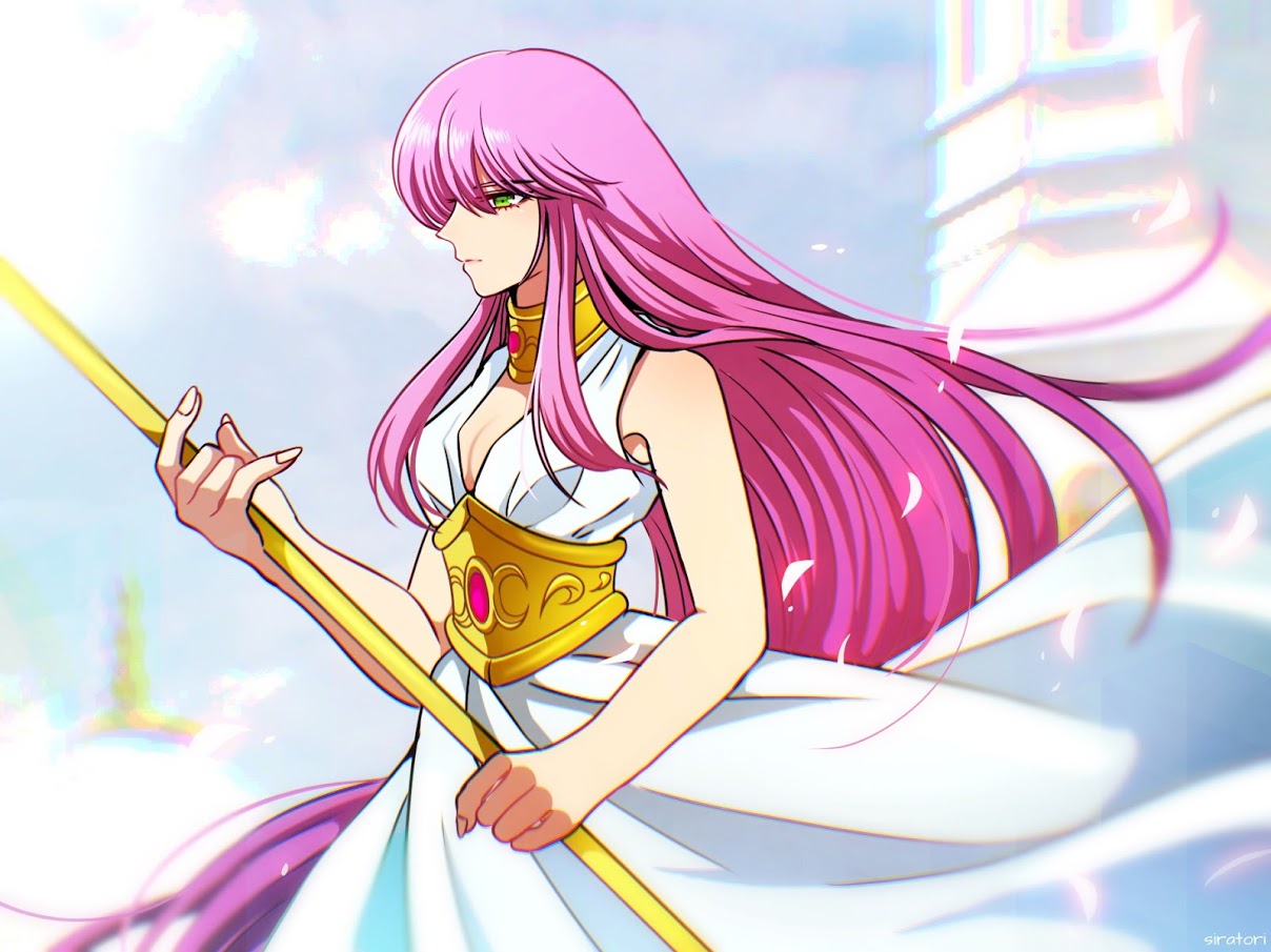 1girl athena_(saint_seiya) bangs blurry_background facing_to_the_side female floating_hair greek_columns green_eyes kei_(siratori1986) kido_saori light_skinned_female long_hair looking_to_the_side purple_hair saint_seiya saint_seiya_saintia_sho solo staff white_dress